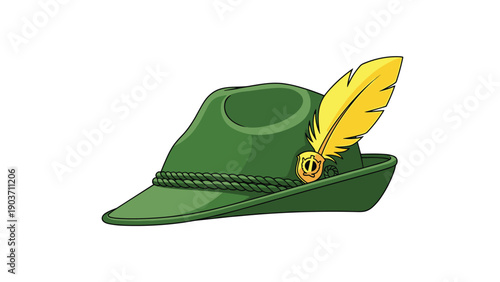 Traditional green Tyrolean hat features a twisted rope band and a bright yellow feather tucked into a small golden crest on the side.