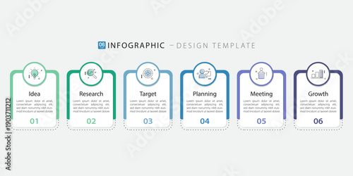 Business infographic template. 6 Step timeline journey. Process diagram, 6 options on white background, Infograph elements, technology, education, modern vector illustration.
