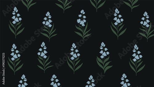 Elegant dark wallpaper pattern consists of vertical stalks of blue bell flowers with green leaves repeated across a black background.