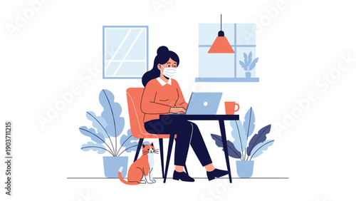 Dedicated woman wearing a face mask sits at her home office desk working on a laptop while her ginger cat sits patiently by her side.