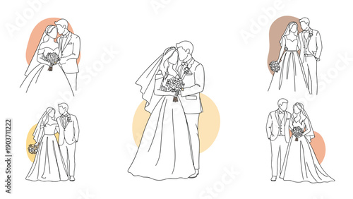 Romantic line art sketches depict various wedding couples in formal attire celebrating their special day in graceful minimalist poses.