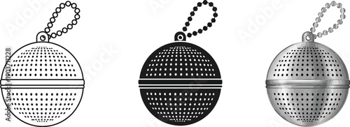 Set of three perforated sphere tea infusers with chain line art solid black and metallic styles for kitchenware design