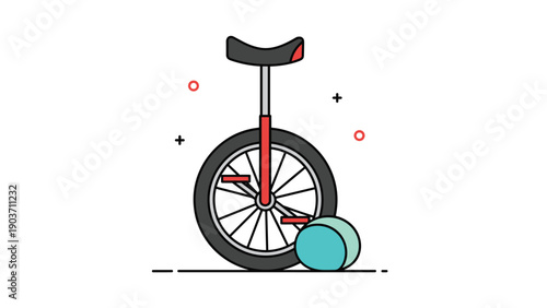 Minimalist circus unicycle illustration standing next to a colorful blue ball on a white background with abstract accents.
