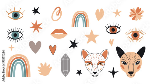 Boho celestial element collection with mystical eyes, stars, hearts, rainbows, crystals, and various animal face illustrations.