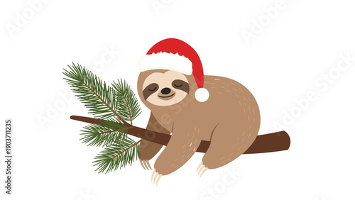 Adorable sloth wearing a red Santa hat sleeping peacefully on an evergreen pine branch during the festive winter season.