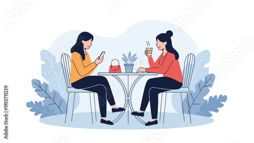 Two female friends enjoying coffee at an outdoor cafe while using a smartphone together in a relaxed social city setting.