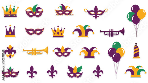 Mardi Gras festival icon set featuring ornate masquerade masks, crowns, balloons, trumpets, and jesters in purple and gold.