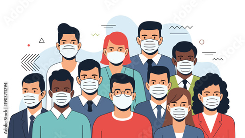 Diverse group of multiracial people wearing protective medical face masks in a public setting to prevent virus transmission.