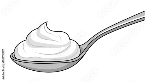 Detailed illustration of a silver metal spoon holding a generous swirl of fresh white whipped cream or creamy organic yogurt.