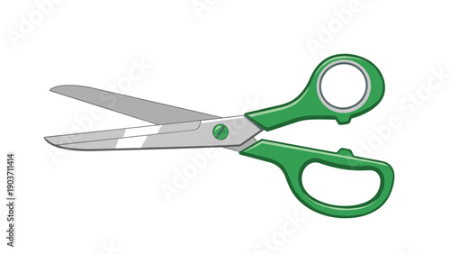 Simple illustration of a pair of metal scissors with green plastic handles used for cutting, crafting, and office projects.