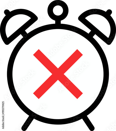 Alarm clock with red X marked on its face, symbolizing deadline or time's up, on a simple white background, viewed from the front