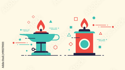 Modern graphic illustration of two different oil lamps with burning red flames against a light background with geometric shapes.