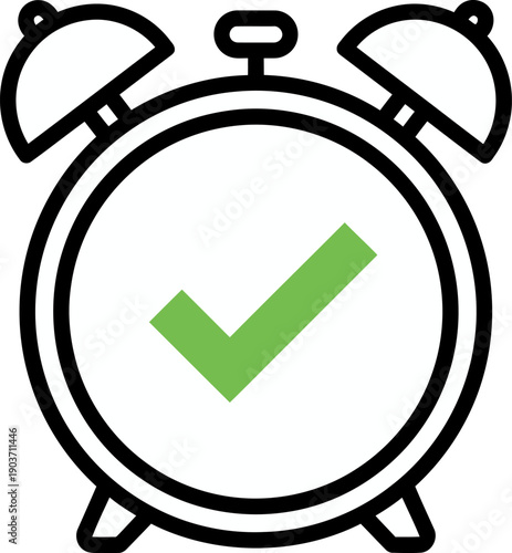 A green checkmark on an alarm clock face indicates a timely reminder from a close-up viewpoint.