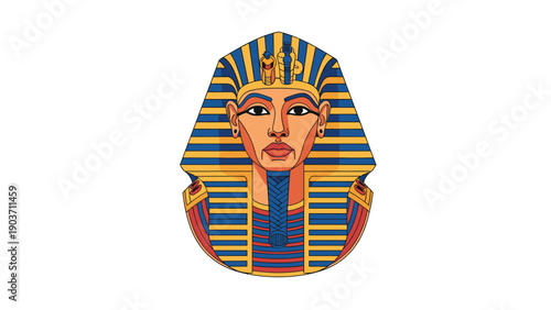 Tutankhamun's iconic gold mask presented as a detailed flat illustration featuring blue and yellow stripes and royal cobra symbol.