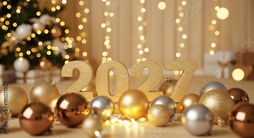 New year's eve decorations with christmas tree and golden ornaments