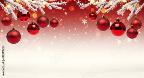 Festive christmas ornaments hanging from snowy branches with red background and falling snowflakes