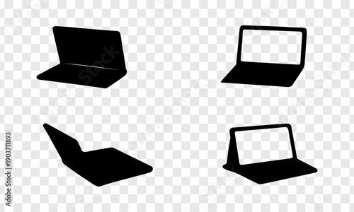 Solid black laptop and monitor silhouette icons displayed in multiple perspectives on a transparent background.