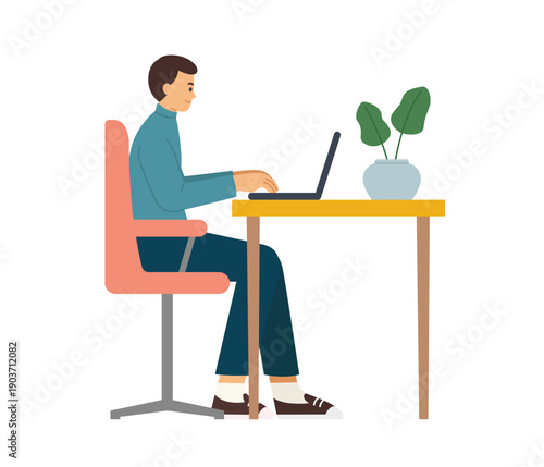 Young Man Working on Laptop at Desk in Flat Illustration Style