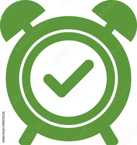 Green alarm clock icon with a checkmark, symbolizing completed tasks or successful time management.