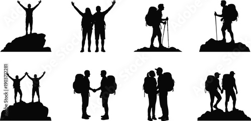 Black silhouettes of hikers and travelers on rocks and mountains