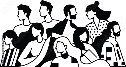 Monochrome abstract illustration of a diverse group of people standing together, representing unity, teamwork, and social connection.