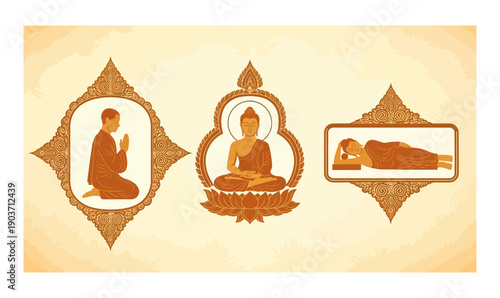 Vesak Day Buddhist Silhouette in Golden Ornamental Frame Vector_26
