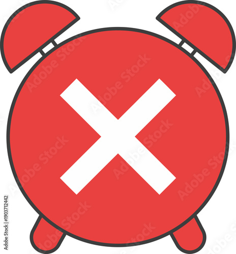 Red alarm clock with white cross symbol on its face indicating cancellation or dismissal of time