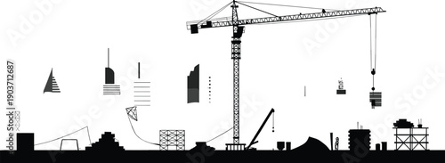 Construction crane skyline illustration, industrial building site silhouettes with tower crane isolated, urban engineering architecture development concept for design