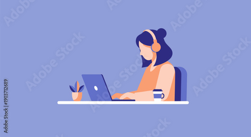 Woman working on laptop with headphones, focused on productivity and remote work.