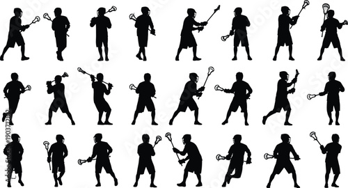 Black silhouettes of men playing lacrosse in various poses sports
