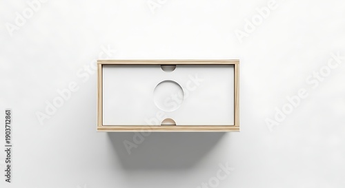 Wall mounted wooden shelf with recessed area and circular indent on white background