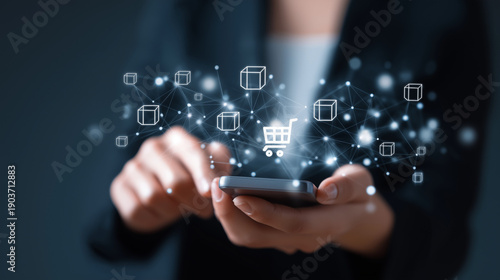 Concept of e-commerce, digital business, and customer engagement with mobile technology and global communication. Symbol of online shopping, marketing strategy, and client-focused service solutions