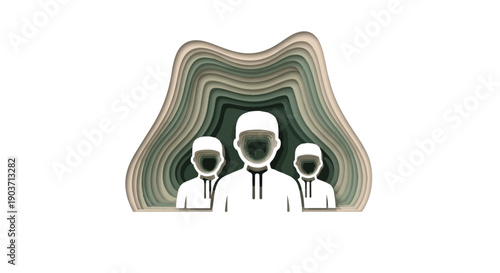 Three Muslim men in traditional Islamic clothing, representing community, faith, and cultural identity in a stylized, abstract background.