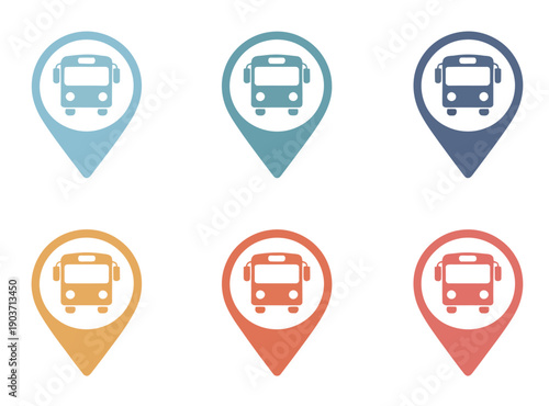 Public transportation bus icon set with bus symbols and location pin markers on maps, perfect for transit apps, route planning, city navigation, travel graphics, and vector illustration use.