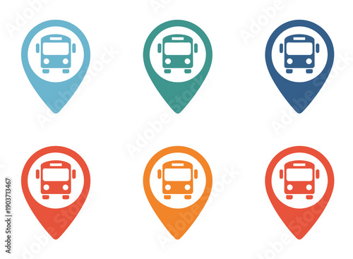 Bus concept vector icons set featuring bus symbols and map location markers, ideal for public transportation systems, route navigation, travel apps, city mobility, and vector illustration projects.