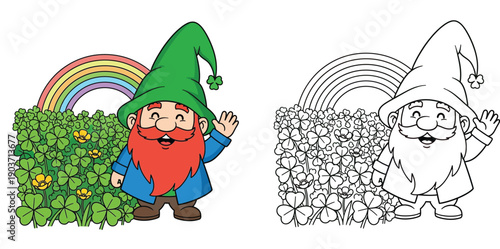 Cute cartoon gnome with rainbow and clovers. Vector illustration with colored and outline versions for coloring book activity.