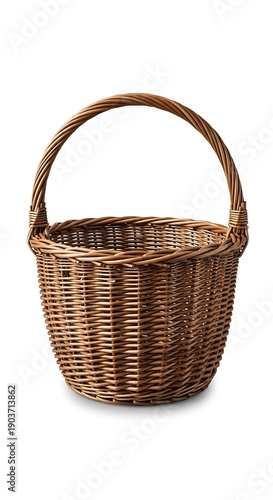 Wicker basket with handle, brown color, empty, isolated on white background.