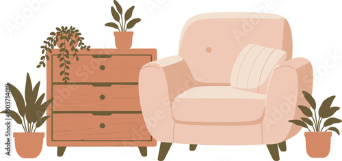 Home room furniture, modern sofa with a side table and plant, cozy upholstered armchair, wooden chest of drawers, chair, wood sideboard, vector illustration