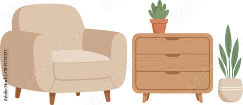 Home room furniture, modern sofa with a side table and plant, cozy upholstered armchair, wooden chest of drawers, chair, wood sideboard, vector illustration