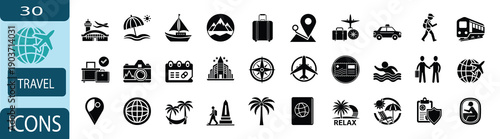 Travel and tourism solid icon set, summer vacation trip and global transportation symbol, airplane hotel passport and luggage vector illustration with editable stroke.