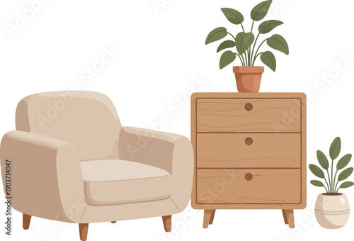 Home room furniture, modern sofa with a side table and plant, cozy upholstered armchair, wooden chest of drawers, chair, wood sideboard, vector illustration