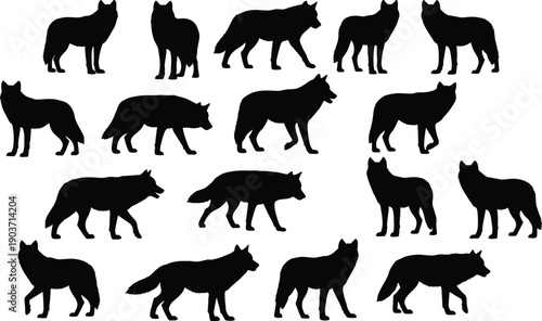 Black wolf silhouettes in various poses wolves