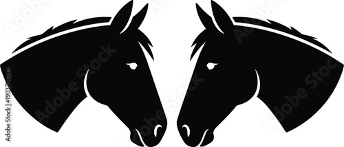 Horse head silhouette illustration, facing pair equine animal profile design, black vector symbol for logo emblem tattoo or decor