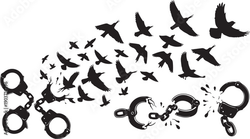 Handcuffs Breaking Free with Birds Flying Away Silhouette