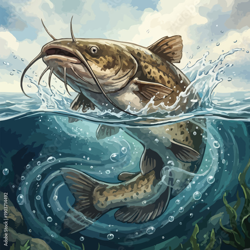 Catfish Jumping Water Splash Fishing Art