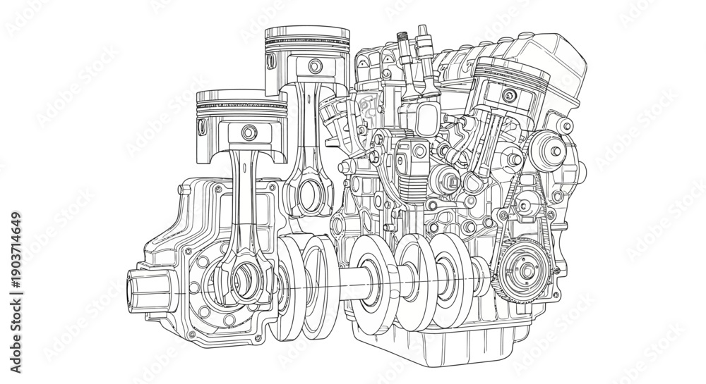 Naklejka premium Complex Industrial Pipeline And Engine System Line Illustration Representing Heavy Machinery And Factory Infrastructure