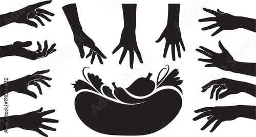 Silhouette of hands reaching for fruit in a bowl