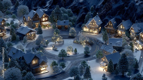 Snowy village with illuminated houses nestled at night. Central road and wintery setting