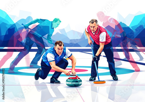 Two male curlers competing in an ice rink with colorful background  