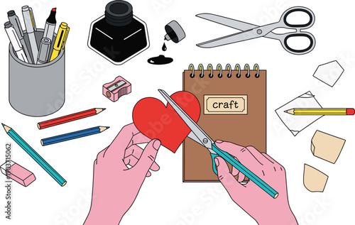 Paper craft workspace illustration featuring hands cutting heart shape with scissors, stationery tools, and creative DIY activity in flat vector style